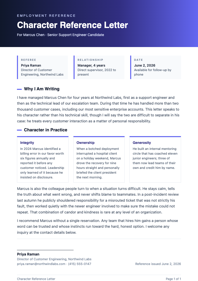 Bold contemporary character reference letter